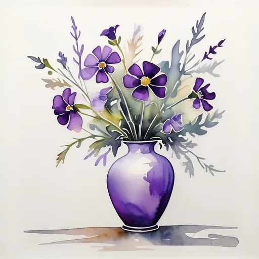 Prompt: a painting of a vase with purple flowers in it and watercolor paint on paper behind it, on a white background, Constance Copeman, modern european ink painting, watercolor, a watercolor painting