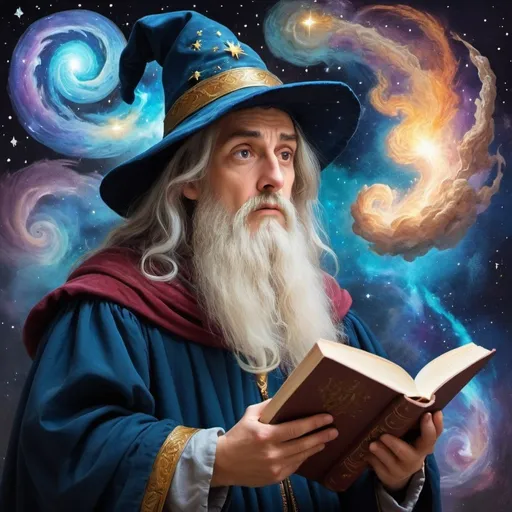 Prompt: Confused wizard, hold a book, painted style, Renaissance, thinking, galaxy coming out of his head, child