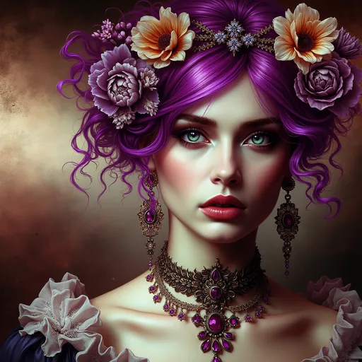 Prompt: (gothic art), highly detailed digital painting, a woman with vibrant purple hair intricately decorated with (delicate flowers), wearing an elegant necklace and matching earrings, expressing a mysterious allure, soft dramatic lighting enhancing the features, richly textured background creating an ethereal environment, (Charlie Bowater) inspiration, vivid colors, ultra-detailed.