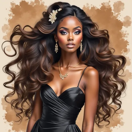 Prompt: a woman with long hair wearing a black dress and earrings on her head, with a brown background and a splash of watercolor, Art of Brom, figurative art, highly detailed digital painting, an ultrafine detailed painting