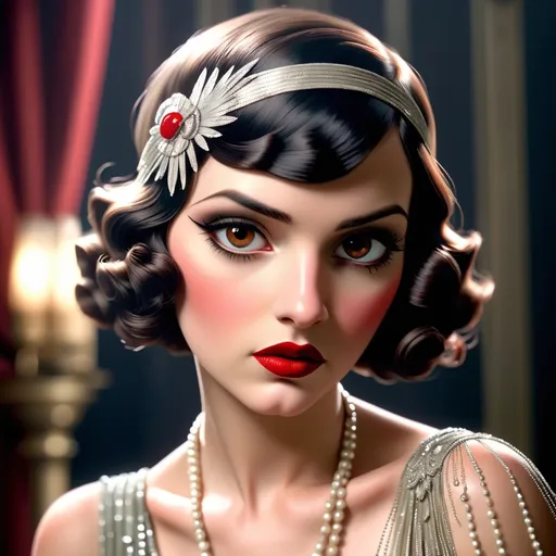 Prompt:  a beautiful 1920's flapper with dark brown eyes perfect cherry red lips wearing a very beautiful formal gown