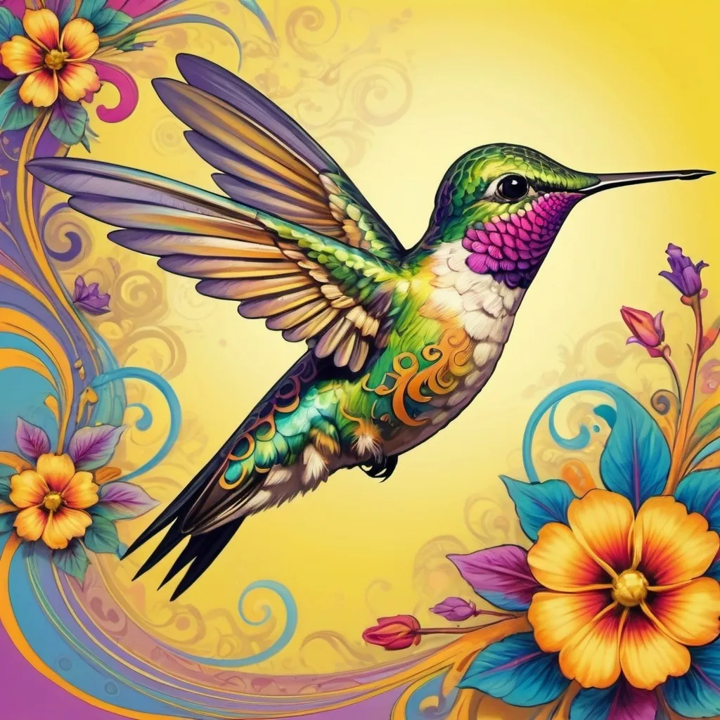 Prompt: a colorful  hummingbird with flowers and swirls on it's wings, flying through the air, with a yellow background, Annabel Kidston, psychedelic art, highly detailed digital art, an airbrush painting