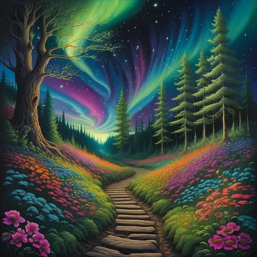 Prompt: a pathway leading to a forest with flowers and trees on it, with a night sky with northern lights in background, David A Hardy, psychedelic art, dreamlike, a detailed painting