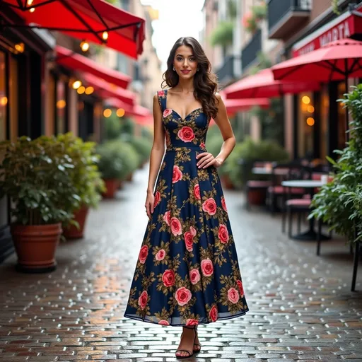 Prompt: Stepping into a picturesque street adorned with charming cafes and vibrant awnings, a young woman captivates attention in her striking floral dress. The garment, characterized by a bold navy background, features lush roses and intricate gold foliage that cascade down the flared skirt, exuding a vintage elegance. Her poised stance, accentuated by soft curls and delicate jewelry, radiates confidence against the backdrop of an inviting urban scene, where cobblestone paths glisten faintly with remnants of recent rain. The warm, ambient lighting creates a romantic atmosphere, enhancing the mood of leisure and sophistication, perfectly embodying a moment of grace in everyday life.