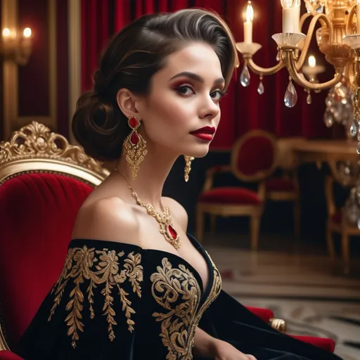 Prompt: Exuding elegance and grandeur, a stunning woman sits gracefully in a lavish, red velvet chair, her striking outfit illuminated by the soft glow of a chandelier above. She wears a striking off-the-shoulder black gown intricately adorned with gold embroidery, complemented by bold red statement earrings and a matching necklace that capture attention with their opulence. Her hairstyle features perfectly defined curls, framing her face and accentuating her confident posture and sultry expression. The rich, dark tones of the background, highlighted by the flickering candlelight, create a dramatic atmosphere that conveys a sense of sophistication and timeless beauty, inviting viewers into a world of luxury and allure.