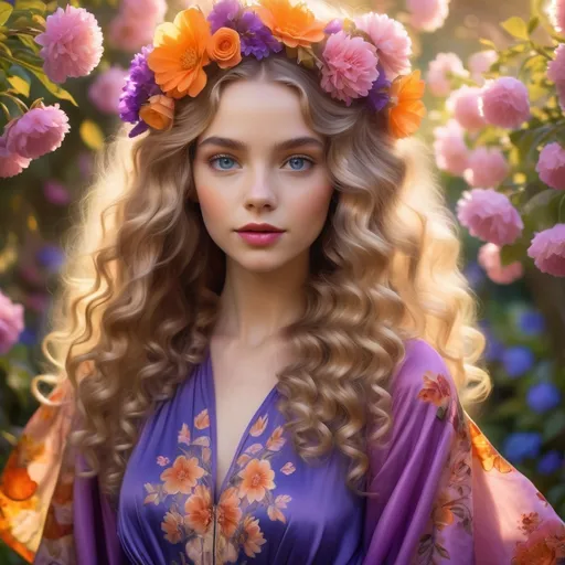 Prompt: Bathed in soft, golden light, a young woman stands amidst a vibrant blossom-filled garden, exuding a sense of joy and serenity. Her hair flows in lush curls, adorned with a striking crown of orange and purple flowers that accentuates her radiant features, including bright blue eyes and bold, pink lips. Dressed in a flowing purple garment embellished with floral patterns, she embodies both elegance and a connection to nature. The background is a dreamy blur of pastel flowers, enhancing the ethereal quality of the scene, while the overall mood reflects a celebration of beauty and femininity in a picturesque spring setting.