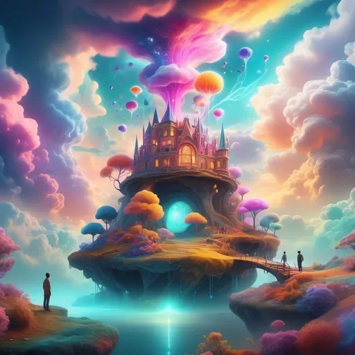 Prompt: Maker of dreams, ethereal landscape, bright and vibrant colors, surreal elements, whimsical atmosphere, clouds intertwined with dream-like manifestations, soft glowing light illuminating the scene, fantastical structures floating, serene ambiance, imaginative figures interacting with dreams, high detail, magical realism, 4K resolution, captivating and enchanting environment.