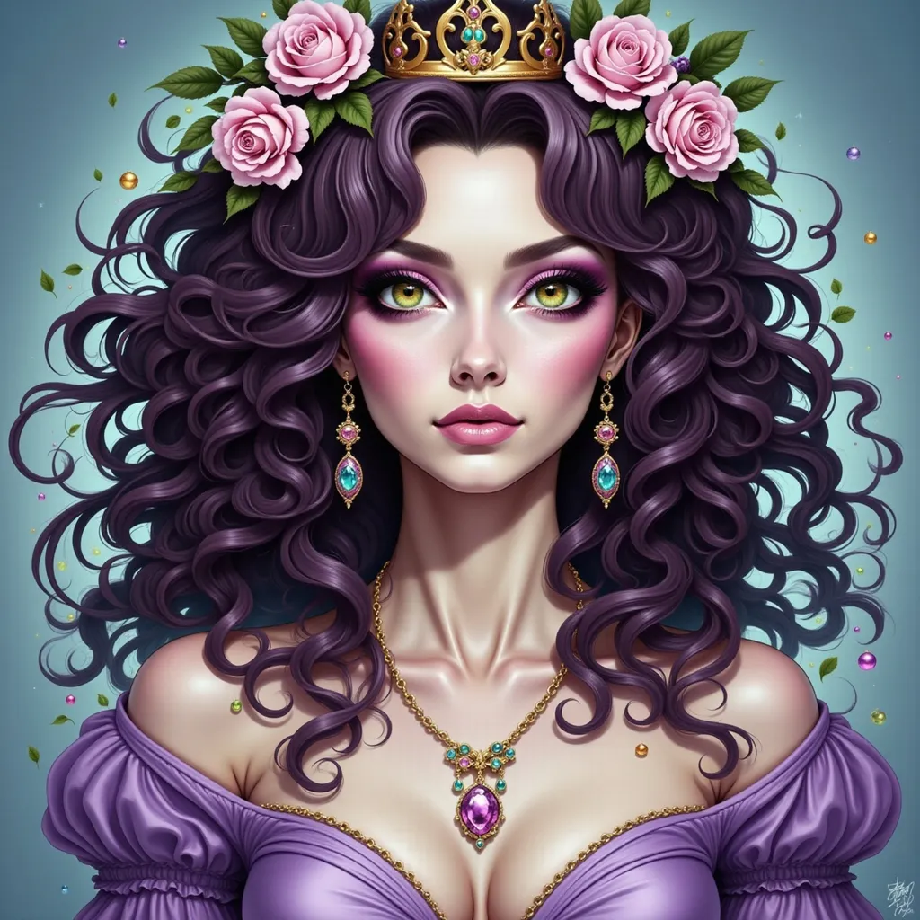 Prompt: a woman with a crown on her head and purple hair wearing a purple dress and a necklace with pink roses, Charlie Bowater, fantasy art, highly detailed digital painting, a detailed painting