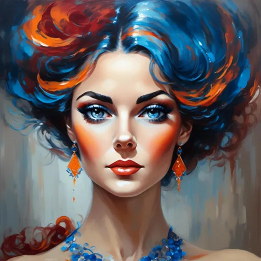 Prompt: <mymodel>Woman with blue/orange colorscape, abstract art, vibrant brush strokes, high contrast, oil painting, flowing hair, intense gaze, surreal atmosphere, best quality, vibrant, abstract, oil painting, high contrast, intense gaze, surreal, flowing hair, professional, atmospheric lighting