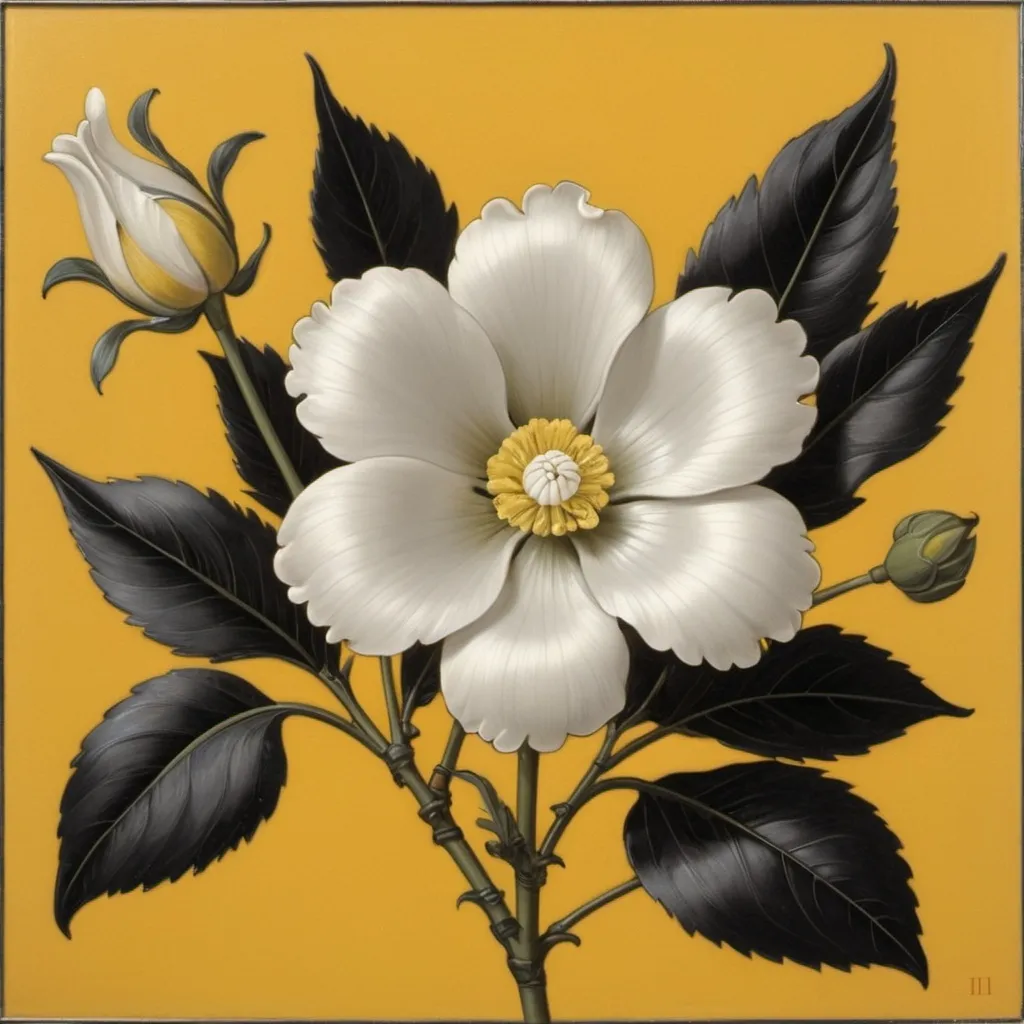 Prompt: <mymodel> a painting of a white flower with black leaves on a yellow background with a yellow background behind it and a black and white flower, Ambrosius Bosschaert II, cloisonnism, in gouache detailed paintings, an art deco painting