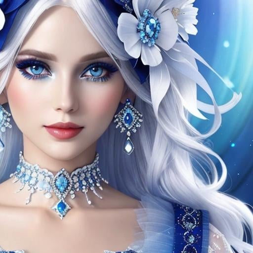 Prompt: A beautiful woman, white hair, blue eyes, blue eyeshadow, blue jewels o