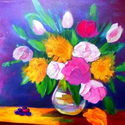 Prompt: flowers, paint, oil, art, colourful