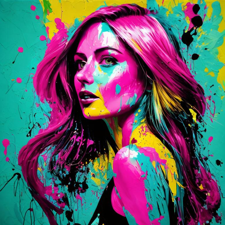 Prompt: woman, magenta and turquoise paint splatter