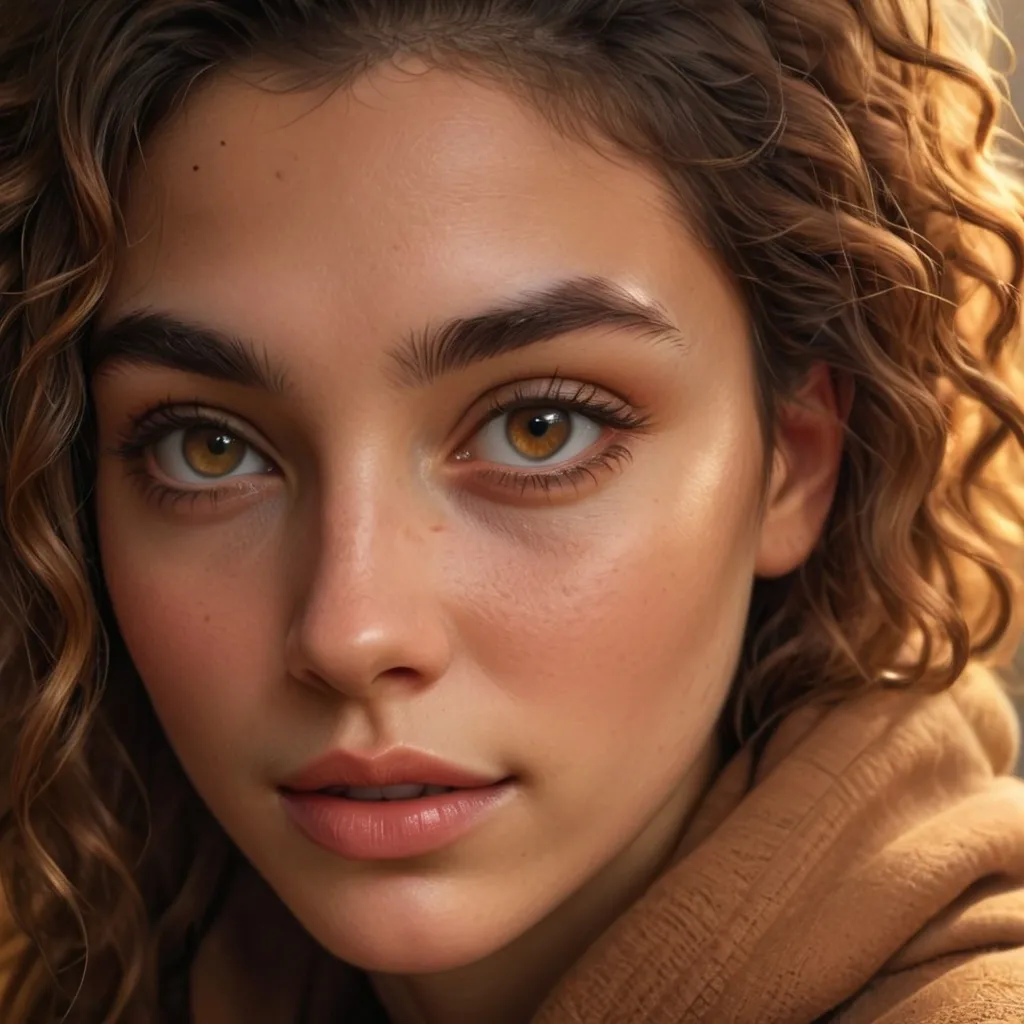Prompt: A captivating young woman gazes intently, her warm brown eyes shining with depth and curiosity, framed by gently tousled, curly hair. She wears a cozy hooded sweatshirt in a rich, muted brown tone that complements her smooth, glowing complexion. The soft, diffused lighting enhances her natural beauty, highlighting her full lips and defined cheekbones, exuding a sense of confidence and warmth. The closeness of the shot draws viewers into her serene expression, evoking a narrative of introspection and allure, set against a softly blurred background that keeps the focus firmly on her striking features and inviting demeanor.