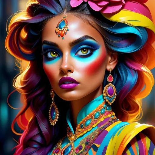 Prompt: digital painting, dramatic colourful makeup, high fashion, intense gaze, realistic portrayal, vibrant colors, detailed features, highres, professional, dramatic, realistic, digital painting, intense gaze, vibrant colors, detailed features, high fashion, glamorous lighting