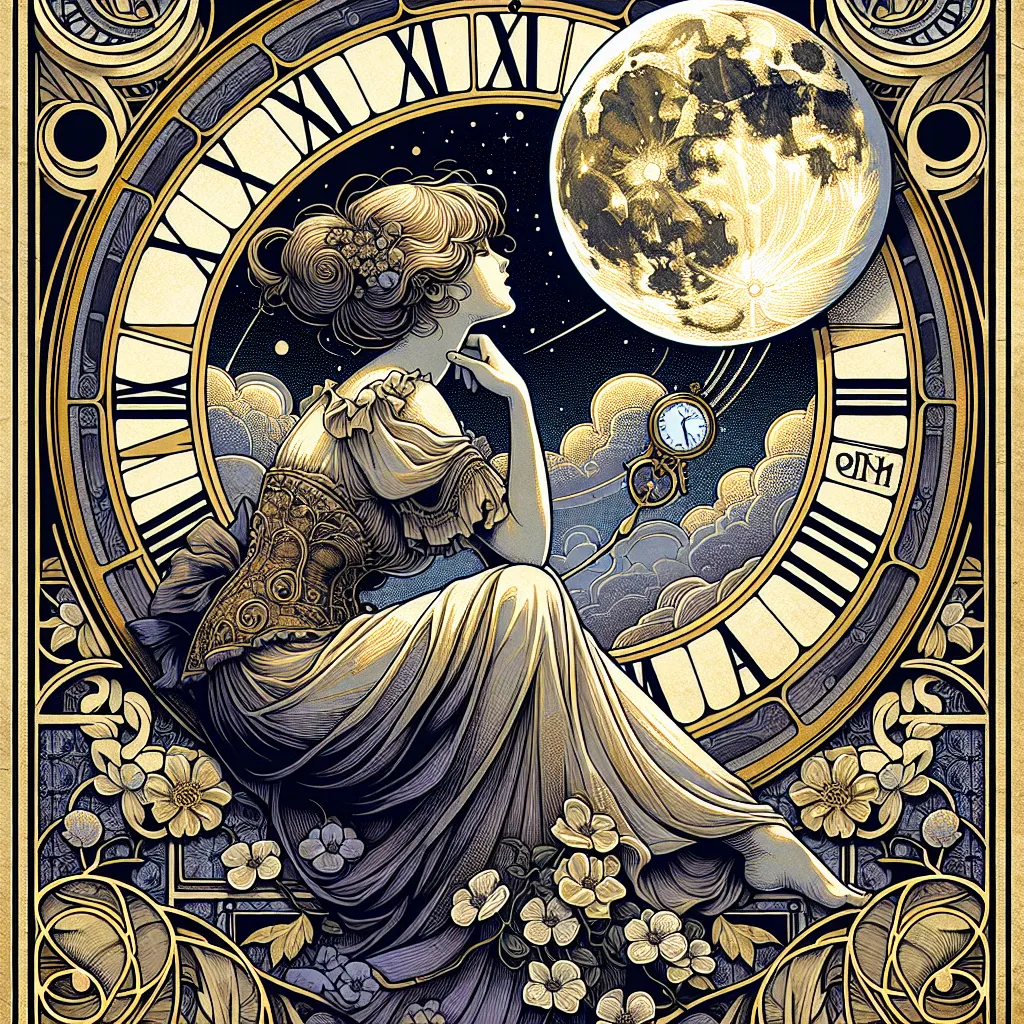 Prompt: a painting of a woman with a clock in the background and a full moon in the sky above her, Edwin Georgi, art nouveau, yukito kishiro, an art deco painting