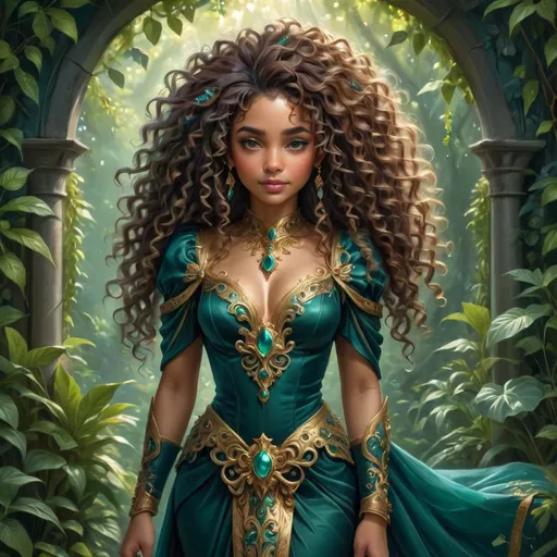 Prompt: Standing in an enchanting lush setting filled with vibrant greenery, a regal figure exudes confidence and grace. Her voluminous, curly hair cascades down her back, accentuating her striking features framed by a beautifully detailed outfit in rich teal adorned with intricate gold and jewel embellishments. The soft sunlight filters through the dense foliage, creating an ethereal glow that highlights her poised stance and the elegance of her attire. With a captivating gaze and luxurious accessories, she evokes a sense of mystery and power, telling a story of nobility and strength in a magical realm.