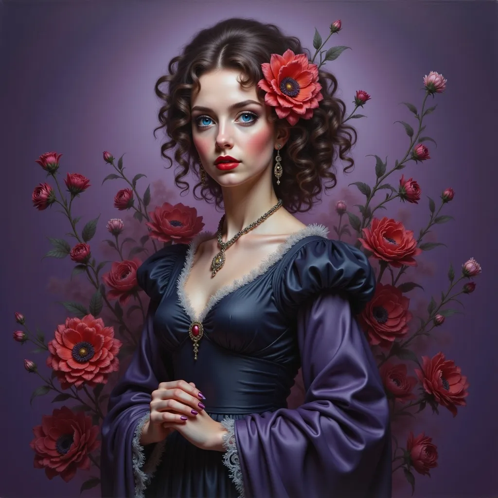 Prompt: a painting of a woman with flowers in her hair and a purple dress with a red flower in her hair, Art of Brom, gothic art, highly detailed oil painting, an ultrafine detailed painting