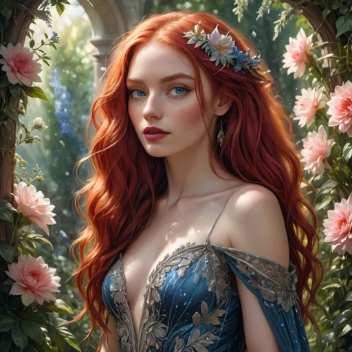 Prompt: Bathed in enchanting sunlight, a stunning young woman stands at the foreground, her vibrant red hair cascading elegantly over her shoulders, framed by intricate blue jewelry that sparkles against her pale skin. With striking blue eyes and a bold red lip, her expression radiates confidence and allure, drawing attention in the midst of fantastical floral arrangements with lush, oversized pink blooms. Behind her, a majestic castle with towering spires and blue turrets evokes a fairytale atmosphere, nestled against a backdrop of rolling hills under a bright, clear sky. The overall scene is saturated with vibrant colors, where the interplay of light and shadow creates a magical, whimsical mood, reminiscent of classic storybook illustrations.