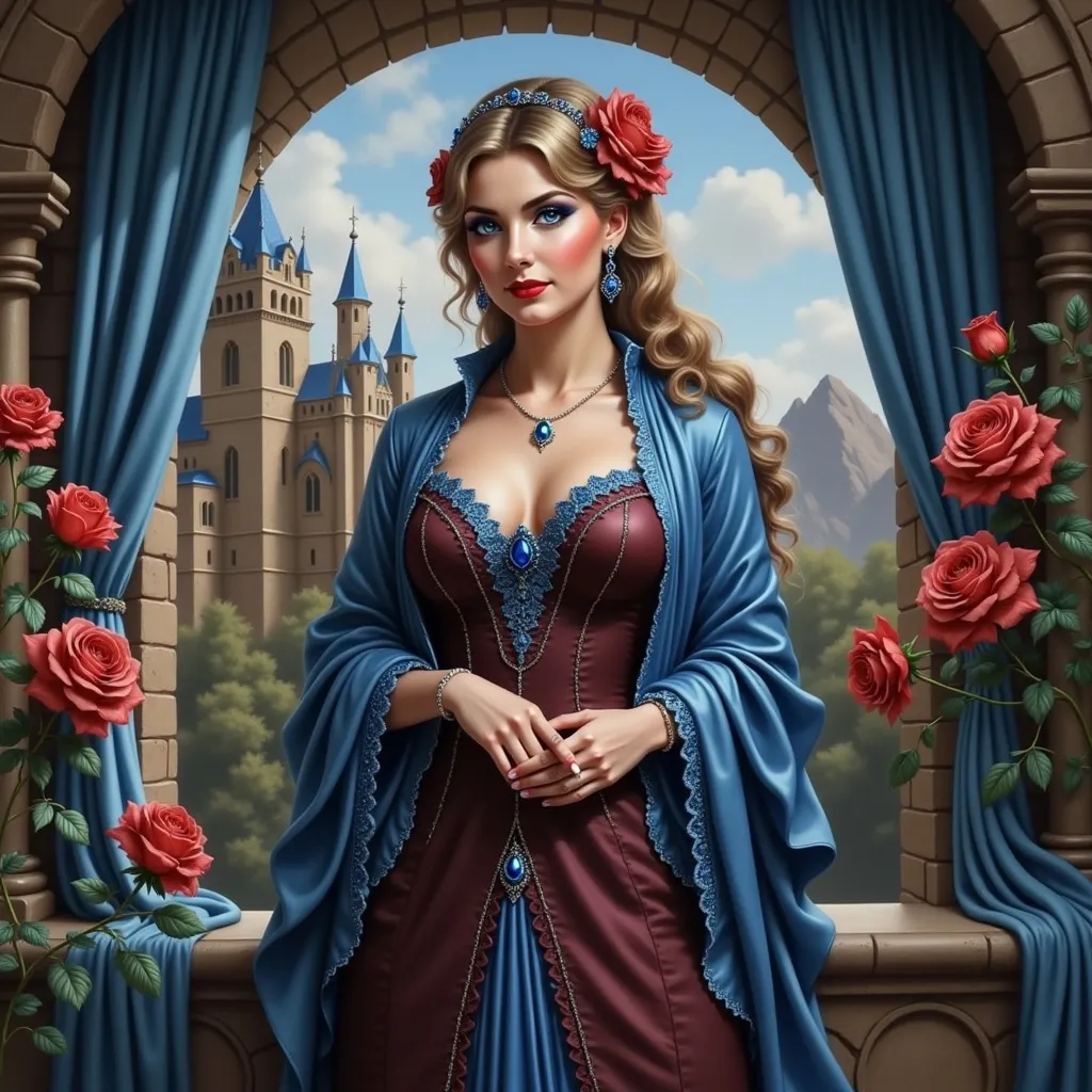 Prompt: a painting of a woman in a blue dress standing in front of a window with roses in it and a castle in the background, Anne Stokes, fantasy art, detailed painting, a detailed painting