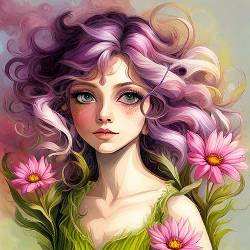 Prompt: a fairy of spring, ,wildflowers, vivid colors,  facial closeup