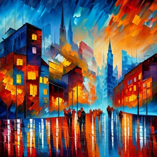 Prompt: Expressionism cityscape in autumn, vibrant brushstrokes, bold colors, textured buildings, dynamic movement, high quality, oil painting, autumnal color palette, atmospheric lighting, energetic composition