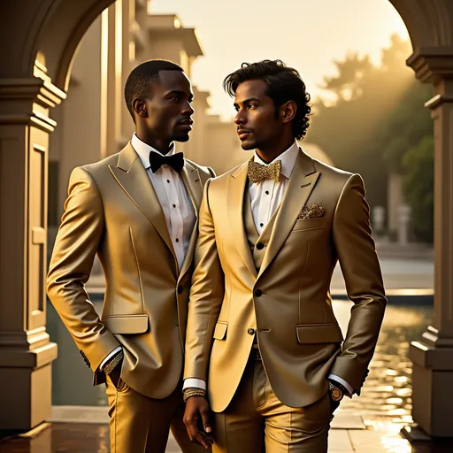 Prompt: In a lavish outdoor setting bathed in golden sunlight, two elegantly dressed men stand poised, exuding sophistication and confidence. Both wear striking gold suits, highlighted by crisp white shirts and accessories—one adorned with a classic bow tie while the other sports a sparkling golden one. Their facial expressions reveal a sense of camaraderie and mutual respect, as they gaze into the distance, seemingly engaged in an unspoken dialogue. The opulent architecture around them reflects an atmosphere of luxury, enhanced by the shimmering water in the background, creating a romantic yet refined narrative that embodies elegance and style. The warm color palette and soft lighting amplify the scene’s allure, making it a striking visual of modern glamour.