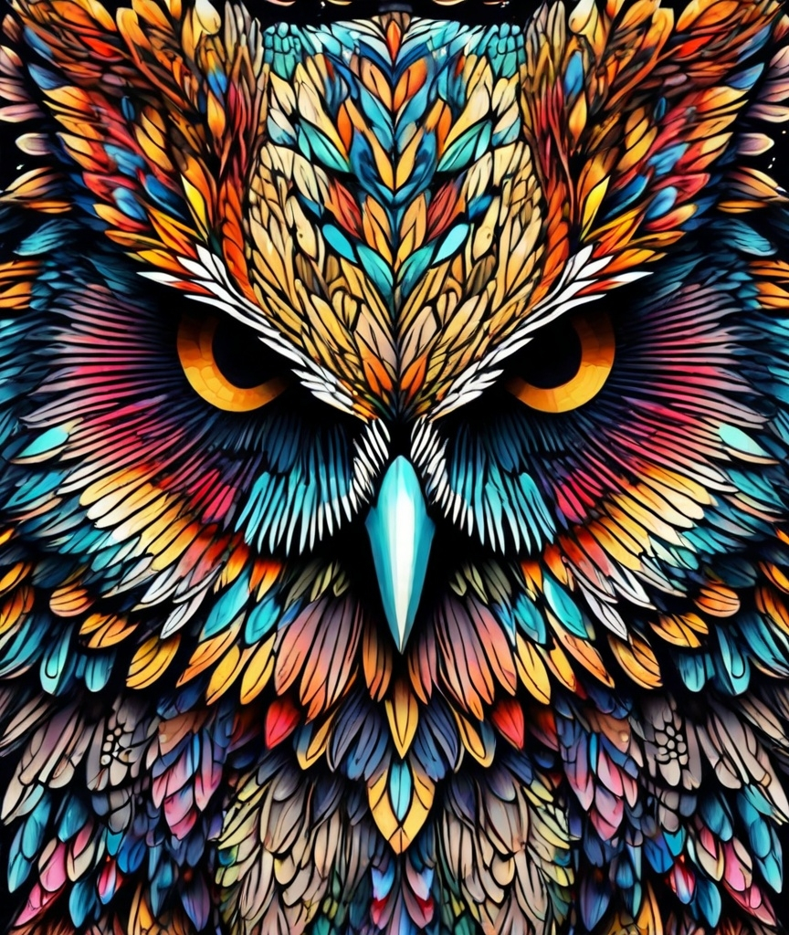 Prompt: up-close hyper realistic owl fractal zentangle colorful art. medieval grunge