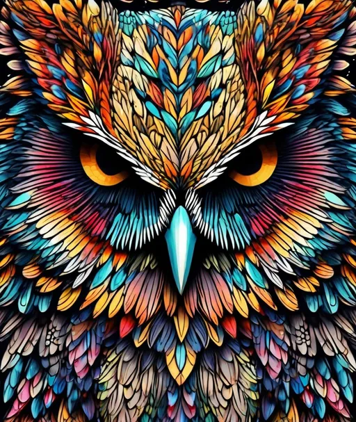 Prompt: up-close hyper realistic owl fractal zentangle colorful art. medieval grunge