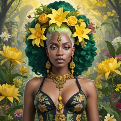 Prompt: <mymodel>In a majestic detailed floral the mystical Empress, a black woman with green and yellow hair, stands tall amidst vibrant flora, embodying divine grace and feminine power.
