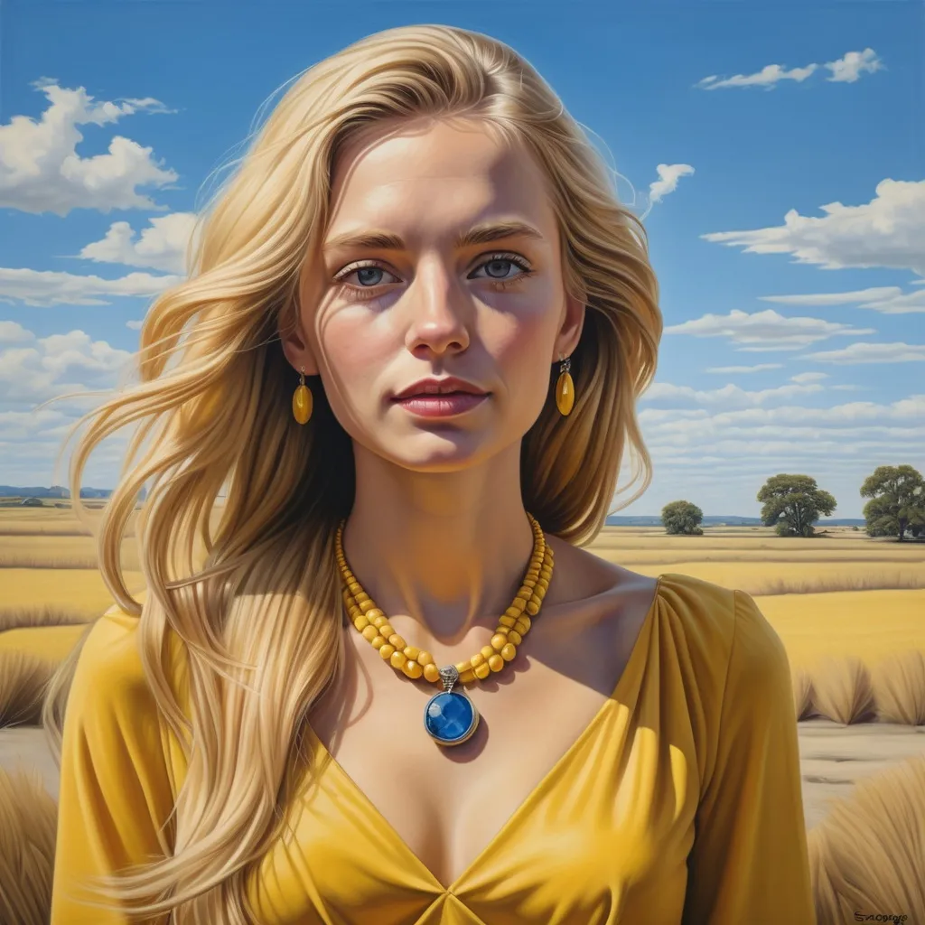 Prompt: a painting of a woman with long blonde hair wearing a yellow dress and necklace with a blue sky in the background, Edwin Georgi, photorealism, highly detailed digital painting, a photorealistic painting