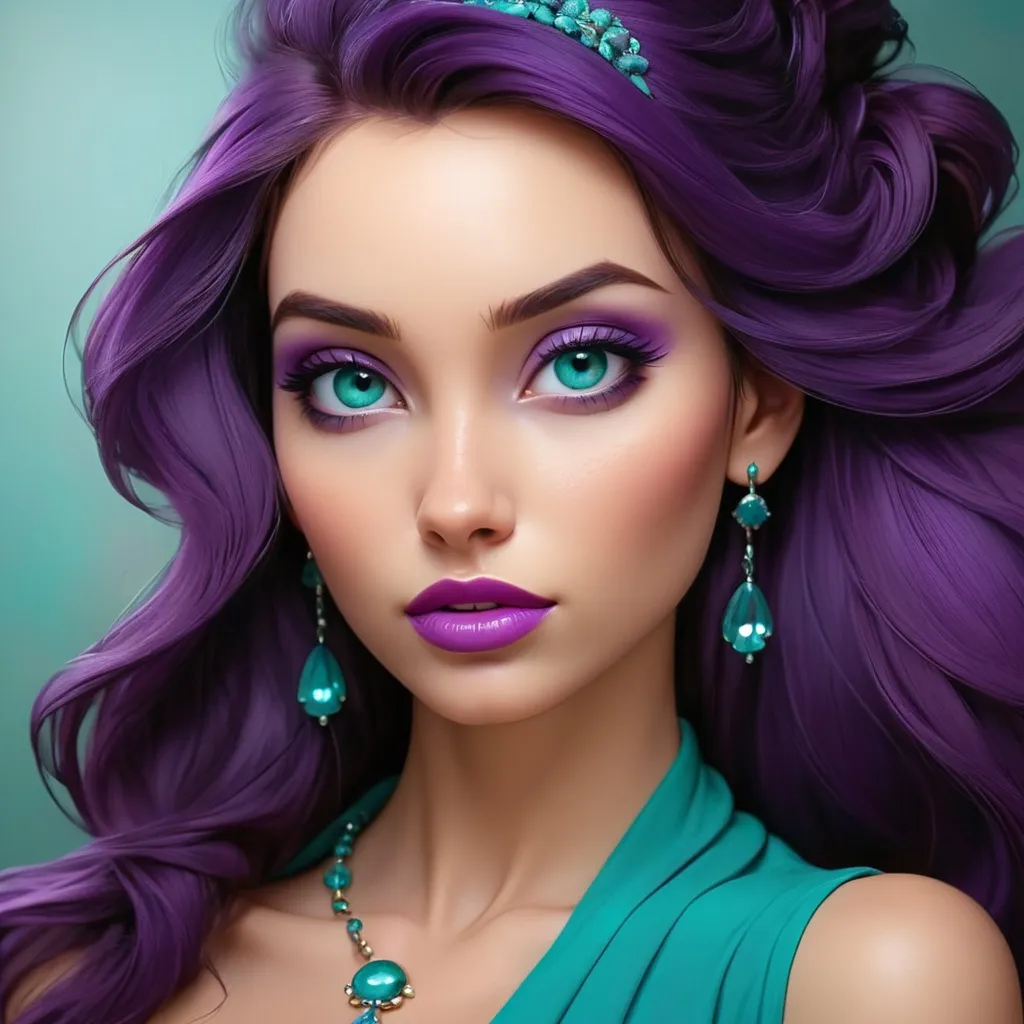 Prompt: Beautiful woman, purple and teal