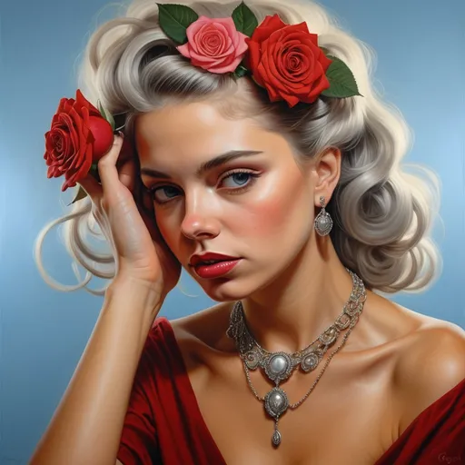 Prompt: a woman with a rose in her hair and a necklace on her neck and a necklace on her neck, Edwin Georgi, figurative art, highly detailed digital painting, a photorealistic painting