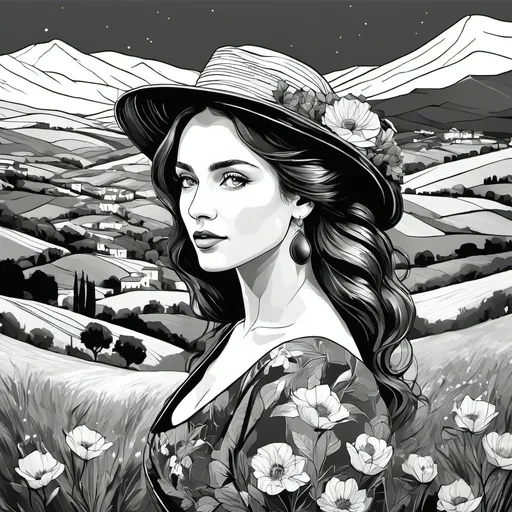 Prompt: Beautiful italian lady in an beautiful landscape of Umbrië, Style Flora Bowley and Vincent van Gogh,8k, dynamic lighting, ultra detailed