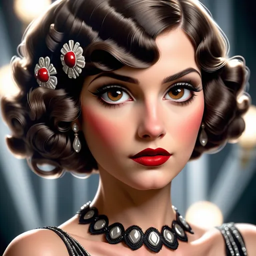 Prompt: 1920s flapper in elegant formal gown, dark brown eyes, cherry red lips, vintage art deco style, high quality, glamorous, detailed hair, elegant, stylish, classic black and white, atmospheric lighting, detailed eyes, professional