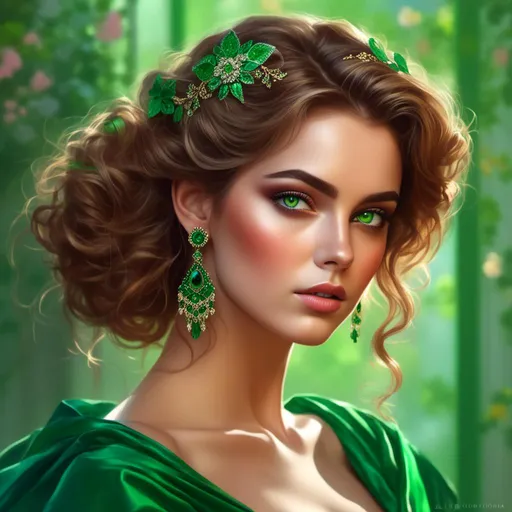 Prompt: <mymodel>Detailed illustration of a woman in vibrant green attire, large vivid green eyes, elegant makeup, digital painting, high resolution, realistic style, vibrant green, professional lighting