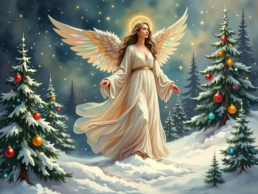 Prompt: Imagine a Christmas angel adorned in a flowing gown of radiant whites and soft golds, surrounded by a luminous glow. Her wings, intricately detailed with iridescent feathers, shimmer with shades of deep emerald and ruby, reflecting the colorful warmth of twinkling holiday lights. She stands poised atop a snow-covered hill, framed by richly textured pine trees decorated with vibrant ornaments. The evening sky is a deep navy, dotted with sparkling stars, and the air is crisp with a touch of gentle snowflakes falling softly around her. A golden halo hovers above her head, casting a warm illumination on her serene, benevolent expression. This scene encapsulates a vintage charm through rich, tightly-knit brush strokes reminiscent of classic illustration, blending nostalgia with a joyful color palette that radiates the spirit of Christmas.