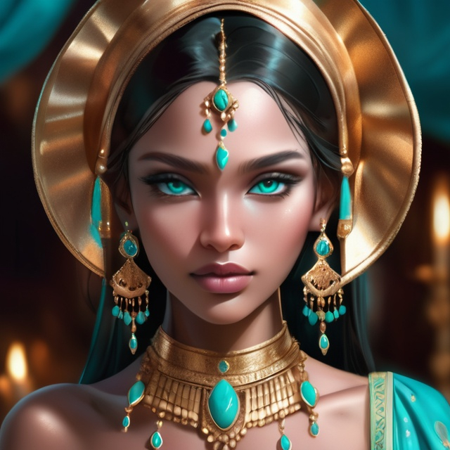 Prompt: Beautiful woman with extremely dark black complexion, elegant attire, high quality, realistic, wearing turquoise jewelry, soft lighting, detailed facial features, captivating eyes, graceful posture, cultural jewelry, regal ambiance