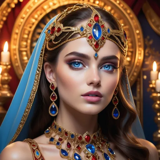 Prompt: A stunning figure adorned in vibrant, ornate jewelry captivates attention, enhanced by her striking blue eyes and flawless skin, radiating elegance. Dressed in a rich, jewel-toned ensemble, she wears an intricately designed golden headpiece that features sparkling gemstones in hues of red and blue, complementing her luxurious attire. The background offers a glimpse of soft, ambient lighting from flickering candles, casting a warm glow that contrasts with the deep, opulent colors of the decor. The composition draws focus to her serene expression, suggesting a story of grace and regal beauty, as the elaborate patterns and textures evoke a sense of cultural richness and historical depth. The overall mood is enchanting, merging traditional elegance with a modern sensibility.