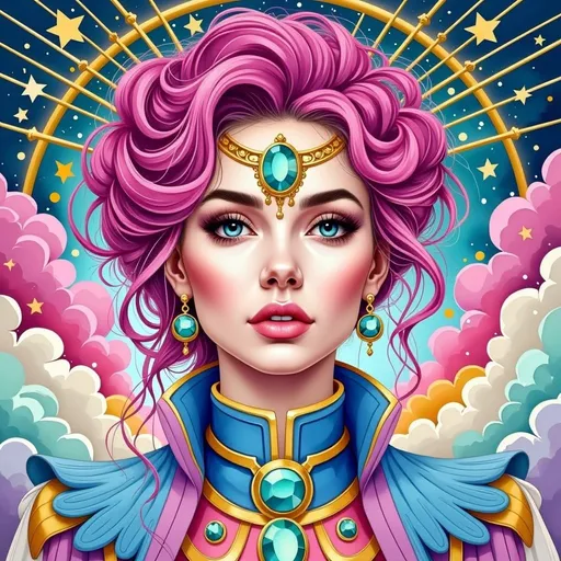 Prompt: This is a vibrant, digital illustration in a highly detailed, surreal style. The central figure is a striking woman with bright pink, curly hair styled in an elaborate, voluminous updo. Her large, expressive blue eyes are accentuated with thick, dark eyebrows and long lashes. She has a fair complexion with a slight blush on her cheeks. She wears a golden, turquoise gemstone forehead piece that matches her turquoise earrings and a high-collared, blue and pink garment adorned with turquoise gemstones. Her lips are full and painted a soft pink. The background features a radiant, circular golden halo with blue and yellow rays emanating from it, set against a gradient of pink, blue, and yellow clouds. The overall composition is symmetrical, with the woman's face and upper torso occupying the center, and the colorful, swirling background elements framing her. The textures in the image are smooth and glossy, with a high level of detail in the hair and clothing folds. The use of bright, contrasting colors and the fantastical elements create a dreamlike, otherworldly atmosphere.