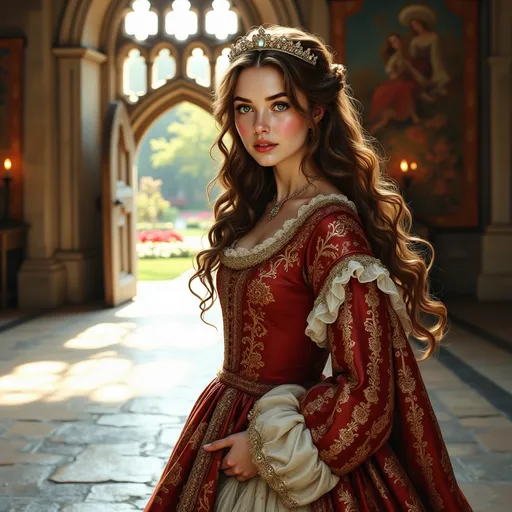 Prompt: Envision a regal 16th century royal princess, adorned in luxurious Tudor-era clothing that glimmers in shades of deep crimson and gold. Her gown features intricate embroidery and flowing sleeves, exuding an air of opulence. The princess stands gracefully in a sunlit castle chamber, where rays of warm light filter through tall, arched windows, casting delicate patterns across the stone floor. A cascade of lustrous hair, entwined with sparkling jewels and a delicate tiara, frames her serene yet confident expression. Lush tapestries hang on the walls, depicting scenes of nobility, while a distant garden can be glimpsed through an open door, vibrant flowers swaying gently in the breeze. The atmosphere is one of elegance and history, beautifully captured in a photorealistic style.