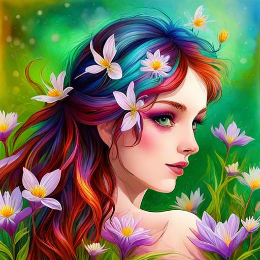 Prompt: a fairy of spring, ,wildflowers, vivid colors,  facial closeup