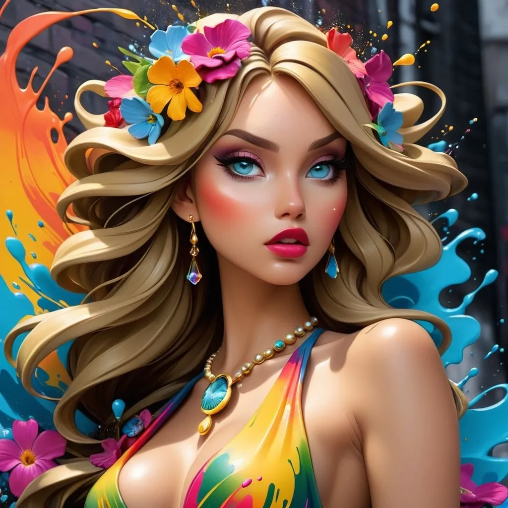 Prompt: <mymodel>Flower Siren graffiti art, splash art, street art, spray paint, oil gouache melting, acrylic, high contrast, colorful polychromatic, ultra detailed, ultra quality, CGSociety