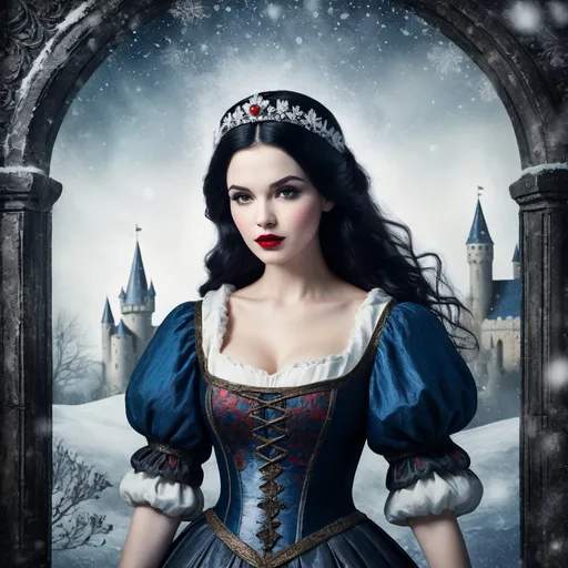 Prompt: Grunge medieval Snow White, impasto, old picture effect, whimsical, highres, detailed, medieval, impasto, old picture effect, grunge, Snow White, fairy tale, dark tones, atmospheric lighting