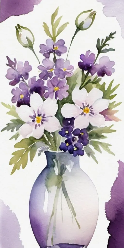 Prompt:  watercolor portrait, vase with bouquet of purple and white flowers, white background