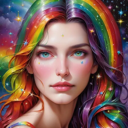 Prompt: <mymodel> a painting of a woman with a rainbow background with stars around her,, Anne Stokes, fantasy art, stars, a detailed painting