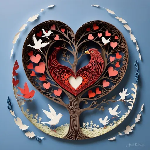 Prompt: a tree with hearts and birds on it with a sky background and a sky background with a heart tree, Annabel Kidston, folk art, love, a storybook illustration