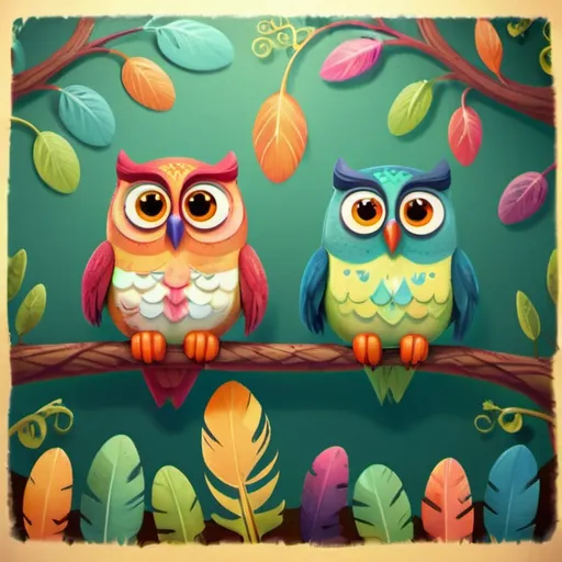 Prompt: Cartoon-style illustration of adorable owls, vibrant and colorful feathers, playful and expressive facial features, whimsical woodland setting, lush and vibrant vegetation, high quality, vibrant colors, cute, cartoon style, playful, whimsical, vibrant lighting
