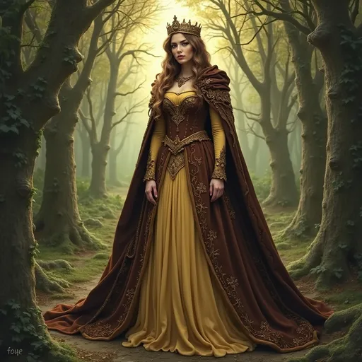 Prompt: a princess in a  cocoa brown and gold gown standing in a forest with a crown on her head and a cloak, Dirk Crabeth, gothic art, fantasy style, a storybook illustration