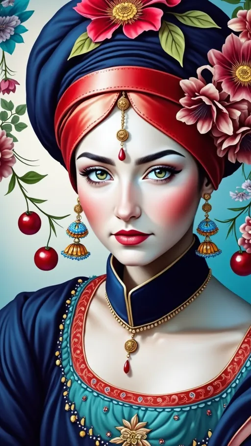 Prompt: a painting of a woman with a red headband and a blue dress and a red rose in her hair, Altoon Sultan, qajar art, highly detailed digital painting, a detailed painting